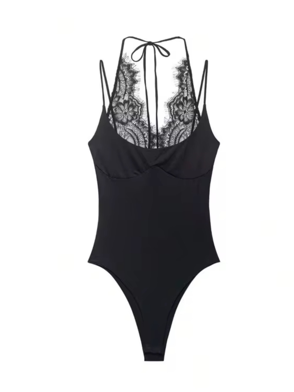 Black Lace-Back Bodysuit with Tie Neck
